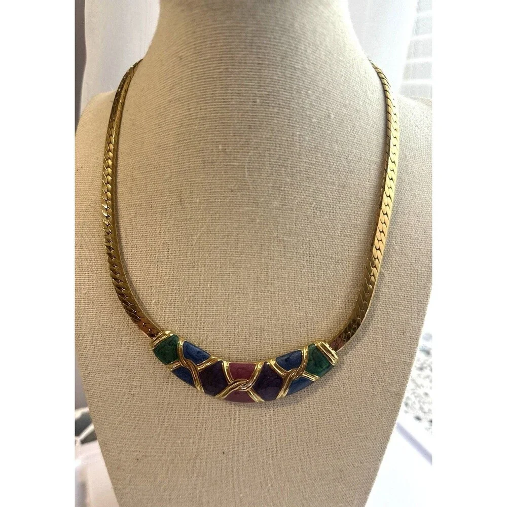 Vintage 80s Gold Tone Herringbone Necklace Colorful Enamel Statement